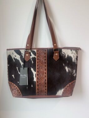 Myra Bag DelRio Western Cowhide and Brown Leather Hand-Tooled Bag with Stitching